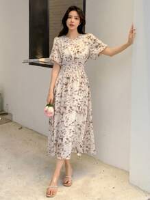 DAZY Allover Print Puff Sleeve A-line Dress - Apricot - View 1