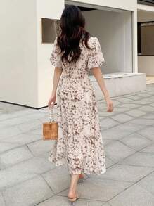 DAZY Allover Print Puff Sleeve A-line Dress - Apricot - View 2