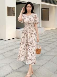 DAZY Allover Print Puff Sleeve A-line Dress - Apricot - View 4