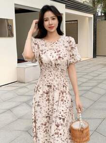 DAZY Allover Print Puff Sleeve A-line Dress - Apricot - View 6