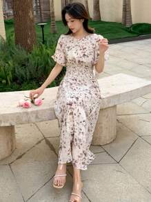 DAZY Allover Print Puff Sleeve A-line Dress - Apricot - View 7