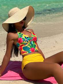 Tankini de playa de verano con estampado floral, cuello de halter y talle alto - Multicolor - Ver 1