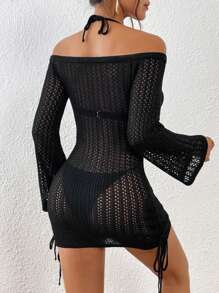 SHEIN Swim Summer Beach Hollow Out Drawstring Side Off Shoulder Cover Up Dress Without Bikini Set - Black - View 2