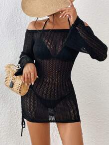 SHEIN Swim Summer Beach Hollow Out Drawstring Side Off Shoulder Cover Up Dress Without Bikini Set - Black - View 4