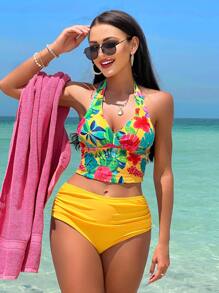 Tankini de playa de verano con estampado floral, cuello de halter y talle alto - Multicolor - Ver 3