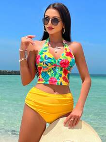 Tankini de playa de verano con estampado floral, cuello de halter y talle alto - Multicolor - Ver 4