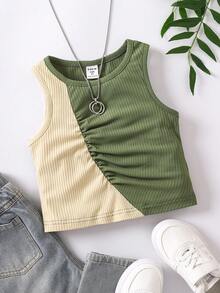 SHEIN Toddler Girls Two Tone Ruched Front Tank Top - Multicolor - View 3