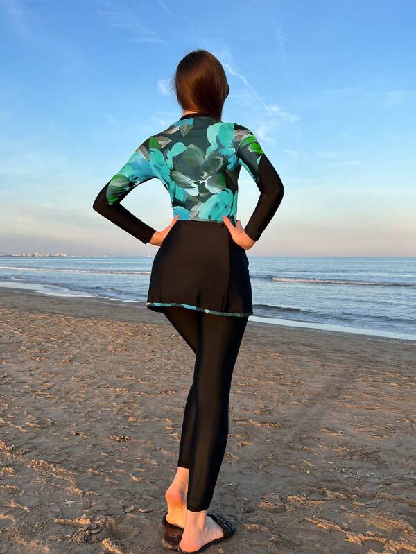 Floral Print Burkini One Piece Swimsuit With Beach Skirt SHEIN UK