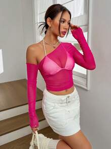 SHEIN ICON 不對稱領側收褶網紗上衣不附胸罩 - 玫紅色 - 查看 4