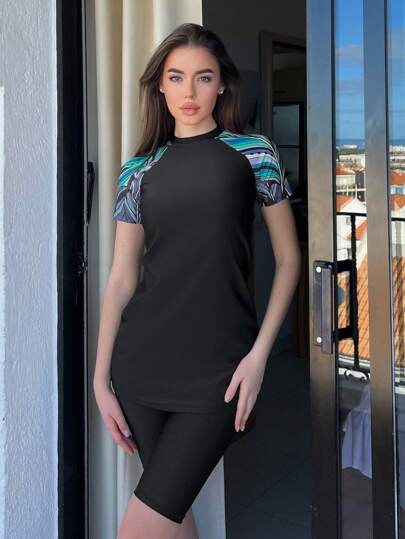 Swim Shayni Maiô Burkini de Manga Raglan com Estampa Tropical, Roupa de Praia Árabe de Verão