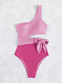 EgrlEra Summer Beach Two Tone Cut Out Knot Side One Shoulder One Piece Swimsuit - Pink - View 3