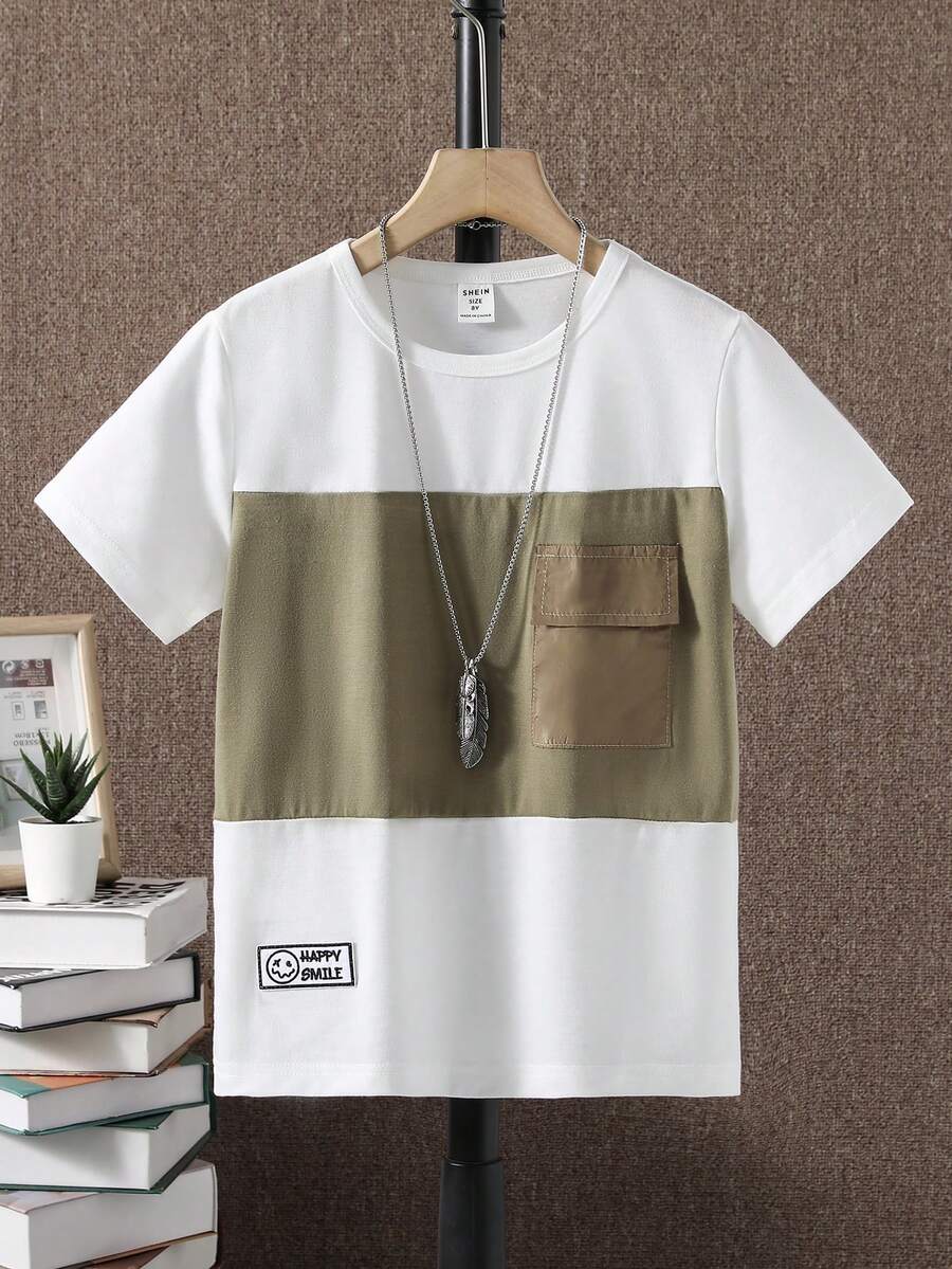 SHEIN Tween Boy Colorblock Flap Pocket Patched Chi tiết Tee - Nhiều màu - Xem 1