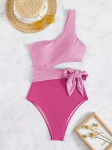 EgrlEra Summer Beach Two Tone Cut Out Knot Side One Shoulder One Piece Swimsuit - Pink - View 4