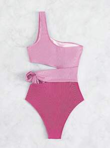 EgrlEra Summer Beach Two Tone Cut Out Knot Side One Shoulder One Piece Swimsuit - Pink - View 5
