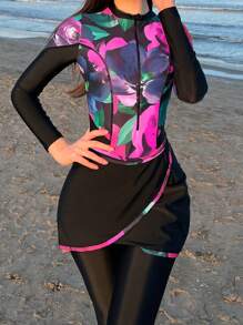 Swim Shayni 3 gói Áo tắm một mảnh Burkini in họa tiết nhiệt đới & Váy đi biển & Quần đi biển - Nhiều màu - Xem 3