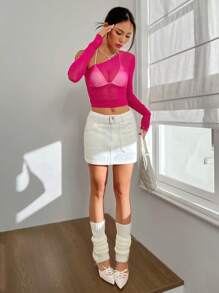 SHEIN ICON 不對稱領側收褶網紗上衣不附胸罩 - 玫紅色 - 查看 6