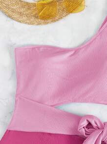 EgrlEra Summer Beach Two Tone Cut Out Knot Side One Shoulder One Piece Swimsuit - Pink - View 7