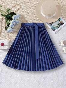 SHEIN Váy Gái Thắt lưng Xếp li màu trơn Giải trí - Màu xanh hải quân - Xem 1