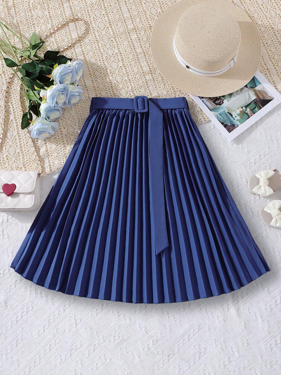 SHEIN Váy Gái Thắt lưng Xếp li màu trơn Giải trí - Màu xanh hải quân - Xem 1