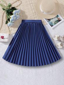SHEIN Váy Gái Thắt lưng Xếp li màu trơn Giải trí - Màu xanh hải quân - Xem 2
