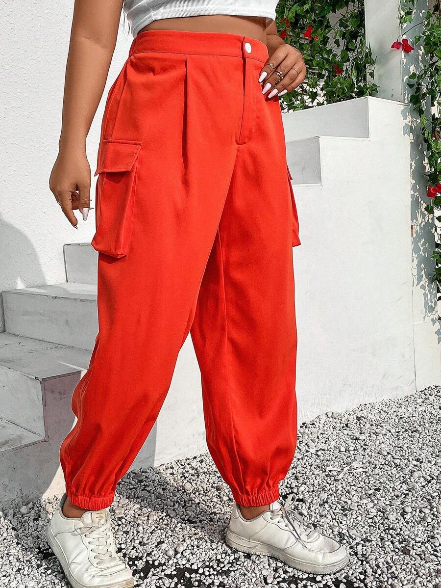 Flirla Plus Flap Pocket Side Cargo Pants - Burnt Orange - View 1