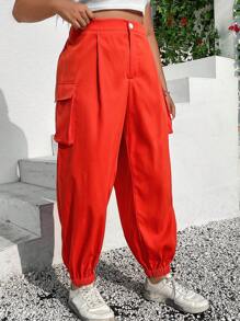 Flirla Plus Flap Pocket Side Cargo Pants - Burnt Orange - View 3