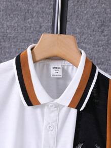 SHEIN Boys Antler Print Colourblock Striped Trim Polo Shirt - White - View 3