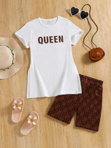SHEIN Tween Girl Letter Graphic Split Hem Tee & Shorts - Multicolor - View 1