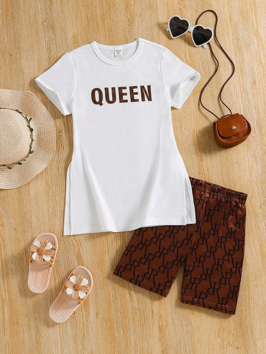 SHEIN Tween Girl Letter Graphic Split Hem Tee & Shorts - Multicolor - View 1