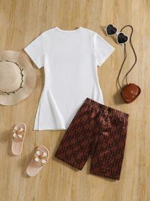 SHEIN Tween Girl Letter Graphic Split Hem Tee & Shorts - Multicolor - View 2