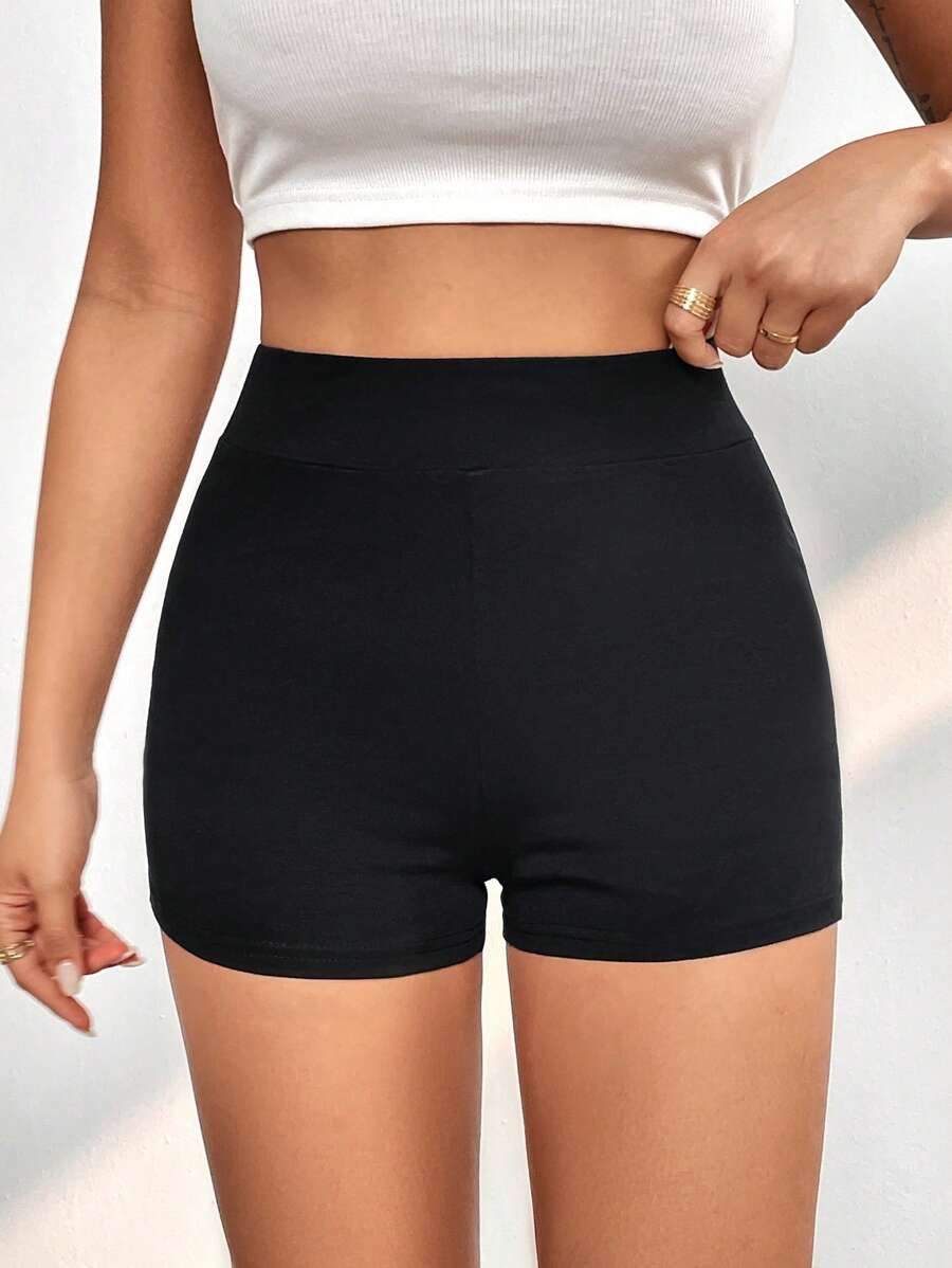 SHEIN PETITE 後綁帶騎行褲 - 黑色 - 查看 1