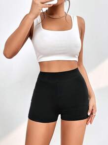 SHEIN PETITE 後綁帶騎行褲 - 黑色 - 查看 5