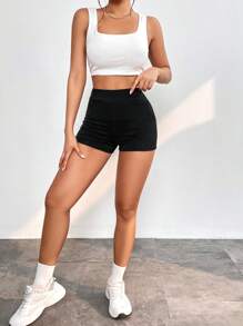 SHEIN PETITE 後綁帶騎行褲 - 黑色 - 查看 6