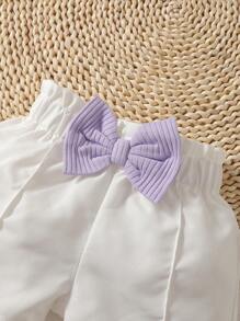 SHEIN 嬰兒女孩雙色凹口領坦克上衣&紙袋腰蝴蝶結前短褲 - 彩色 - 查看 5