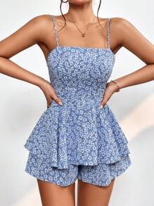 SHEIN PETITE Áo liền quần nữ Dây kéo Buộc lại phân lớp Họa tiết hoa Boho - Màu xanh lam - Xem 1