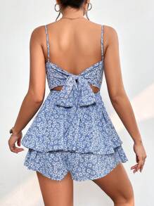 SHEIN PETITE Áo liền quần nữ Dây kéo Buộc lại phân lớp Họa tiết hoa Boho - Màu xanh lam - Xem 3