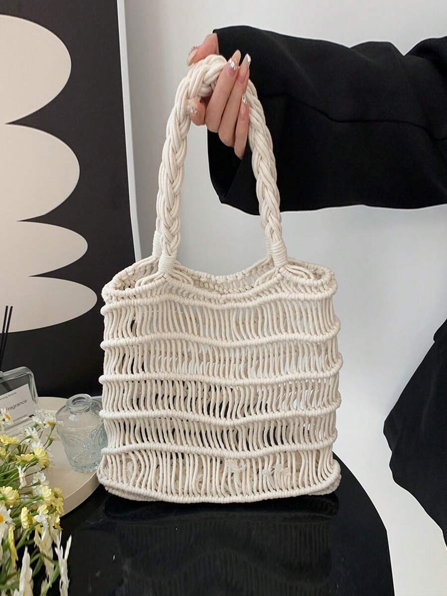迷你草編包素色鏤空設計雙把手