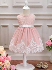 嬰兒花卉刺繡網紗覆蓋連衣裙 - 粉色 - 查看 1