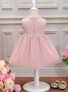 嬰兒花卉刺繡網紗覆蓋連衣裙 - 粉色 - 查看 2