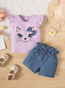 嬰兒卡通圖案前蝴蝶結荷葉邊T恤和波點圖案紙袋腰短褲 - 彩色 - 查看 1