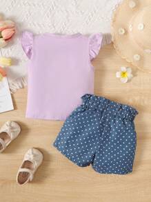 嬰兒卡通圖案前蝴蝶結荷葉邊T恤和波點圖案紙袋腰短褲 - 彩色 - 查看 2