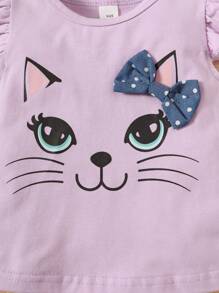 嬰兒卡通圖案前蝴蝶結荷葉邊T恤和波點圖案紙袋腰短褲 - 彩色 - 查看 5