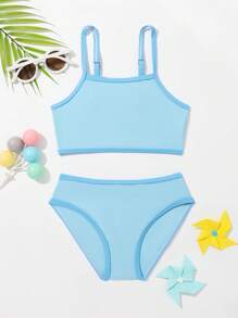 Young Girl Solid Bikini Set Summer Beach - Blue - View 1