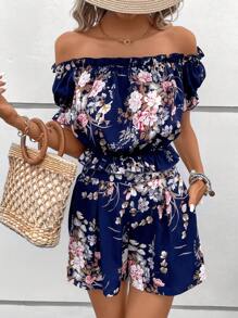 SHEIN LUNE Shorts con top con estampado floral de hombros descubiertos ribete fruncido - Multicolor - Ver 1