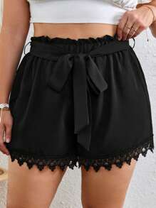 Dreamara Plus Guipure Lace Trim Belted Shorts - Black - View 1