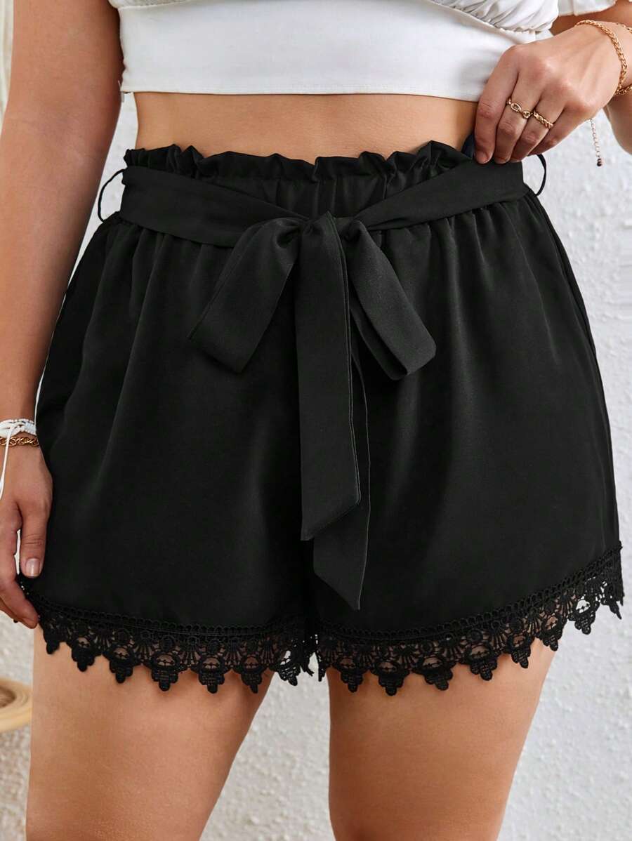 Dreamara Plus Guipure Lace Trim Belted Shorts - Black - View 1