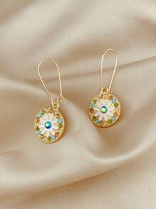 花朵细节圆形吊坠耳环 - 金黃色 - 查看 1