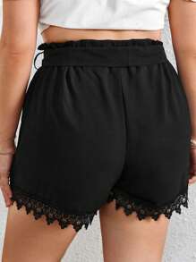 Dreamara Plus Guipure Lace Trim Belted Shorts - Black - View 2