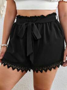 Dreamara Plus Guipure Lace Trim Belted Shorts - Black - View 3