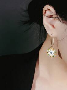 花朵细节圆形吊坠耳环 - 金黃色 - 查看 3